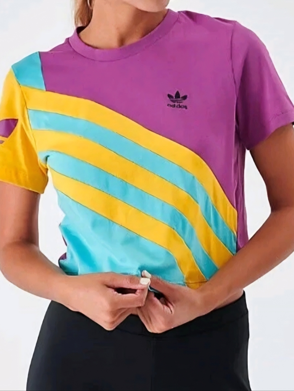 adidas Originals Purple Yellow Teal Diagonal Stripe Tee Size Small.